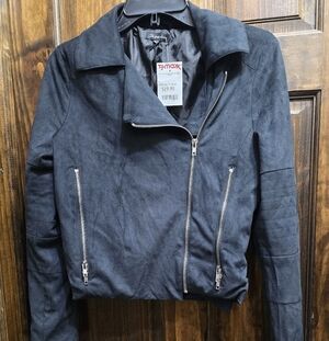 Womens Cropped Moto Jacket Motorcycle Style Faux Suede Leather